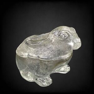 Large Rabbit Covered Candy Dish Vintage Textured Glass Bunny